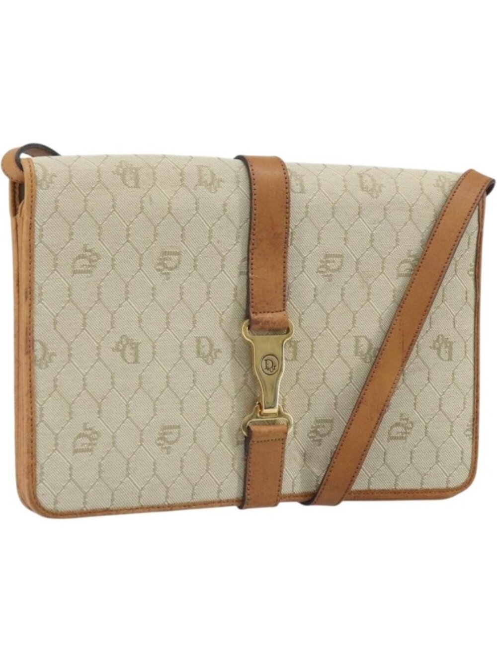 Christian Dior Honeycomb Canvas Shoulder Bag PVC Beige Gold